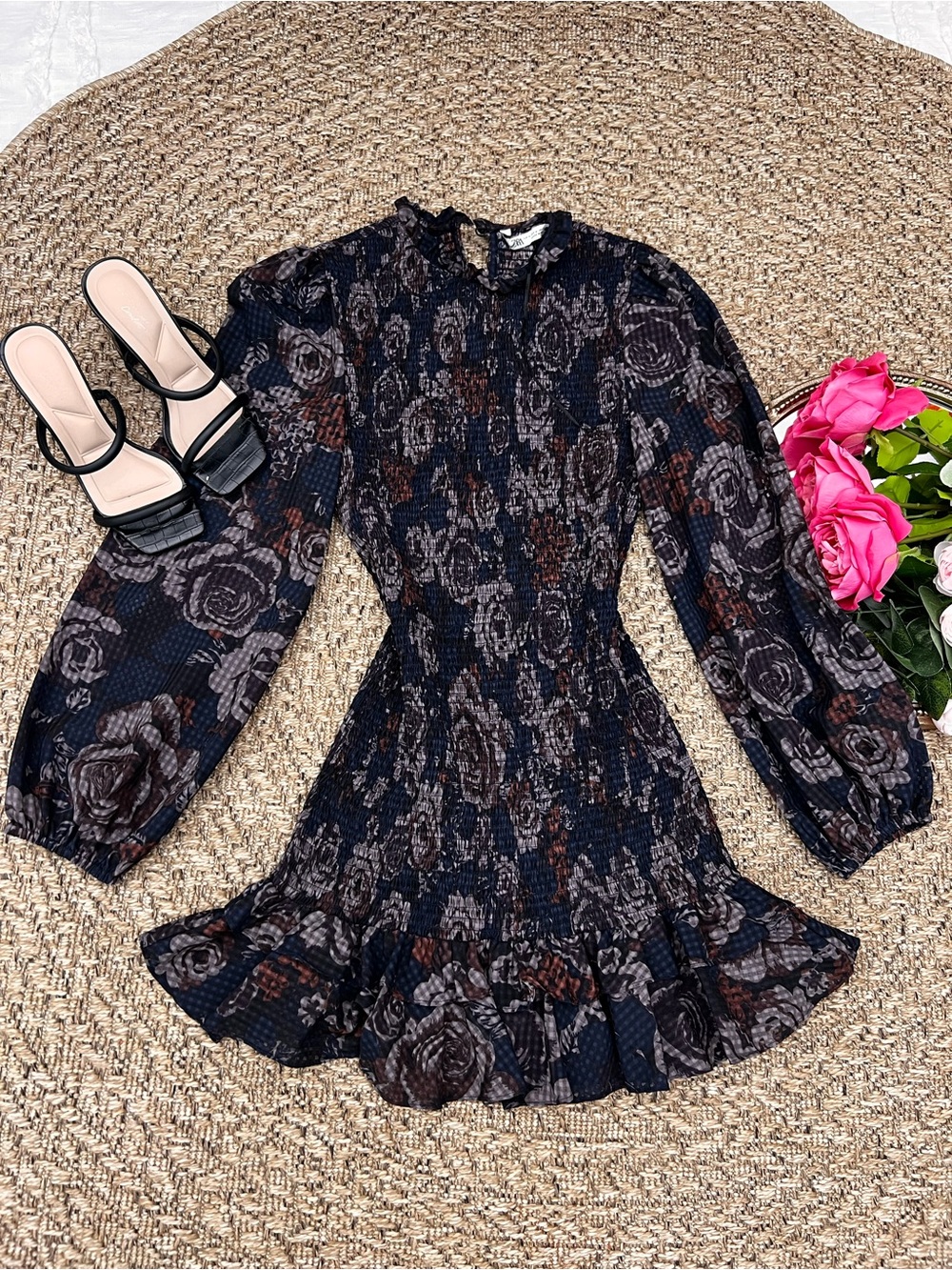 Zara Black Floral Smocked Midi Dress with Balloon Sleeves
